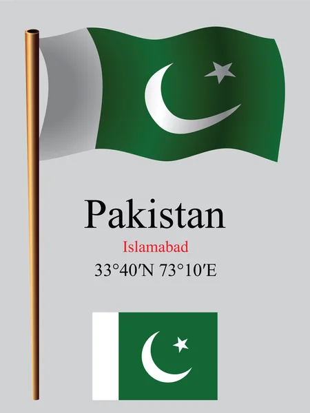 Paquistão bandeira ondulada e coordenadas — Vetor de Stock