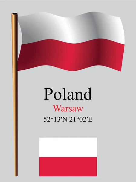 Poland bandiera ondulata e coordinate — Vettoriale Stock