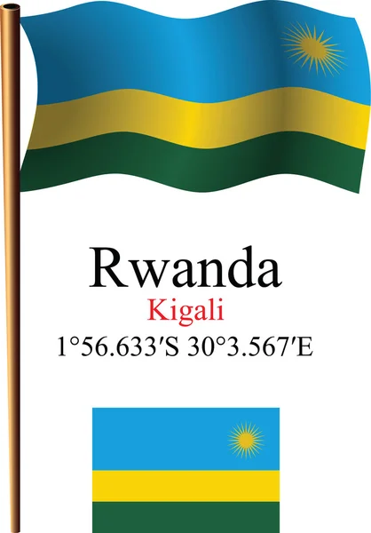 Rwanda wavy flag and coordinates — Stock Vector