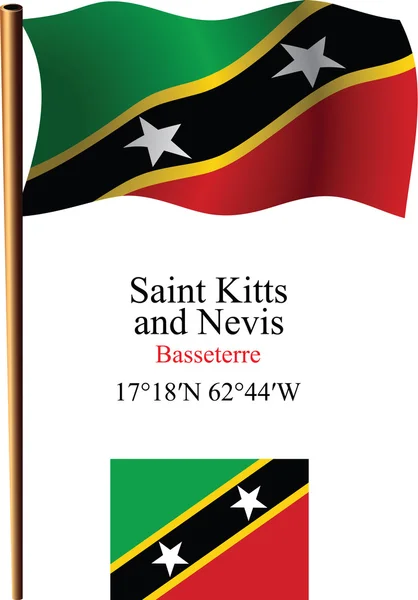 Saint kitts y nevis ondulada bandera y coordenadas — Vector de stock