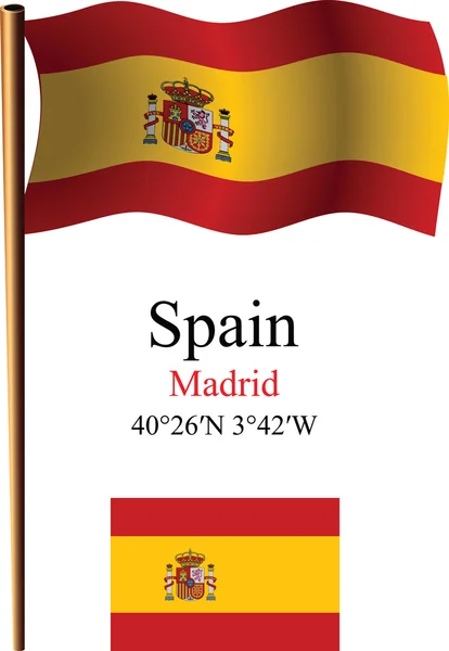 Spanien vågiga flagga och koordinater — Stock vektor