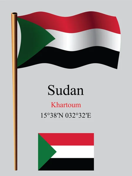 Sudan wavy flag and coordinates — Stock Vector