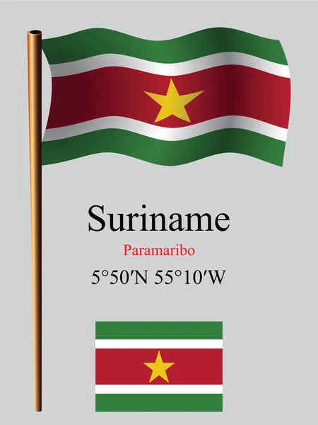 Suriname wavy flag and coordinates — Stock Vector