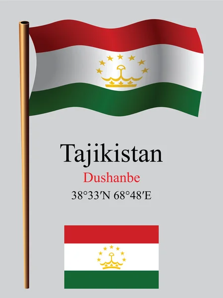 Tajikistan wavy flag and coordinates — Stock Vector