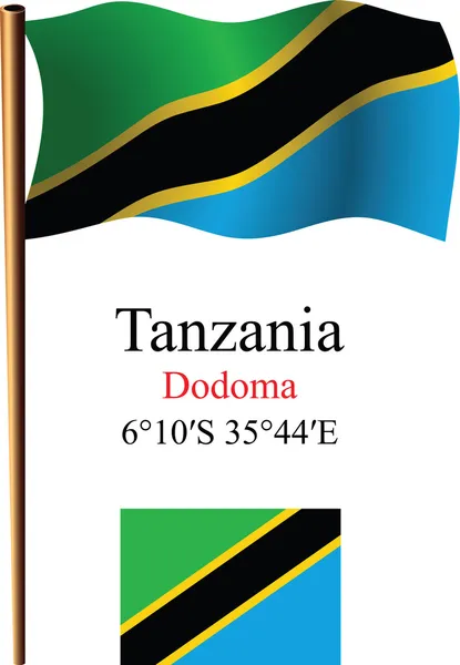 Tanzania wavy flag and coordinates — Stock Vector