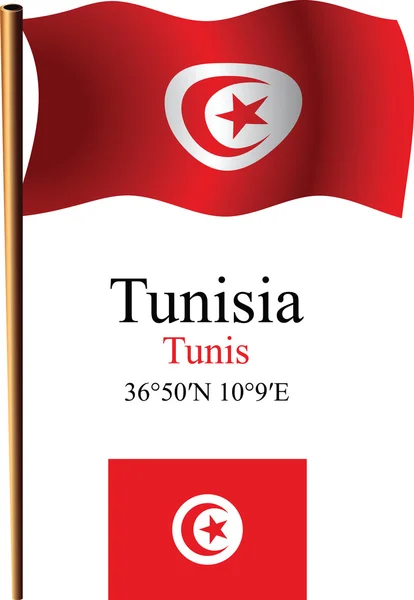 Tunisia wavy flag and coordinates — Stock Vector
