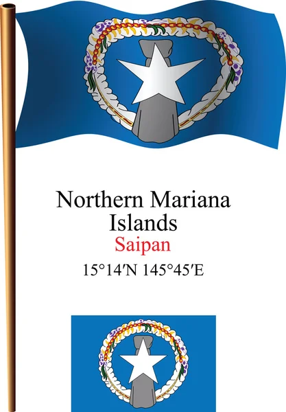 Islas Marianas del Norte onduladas bandera y coordenadas — Vector de stock