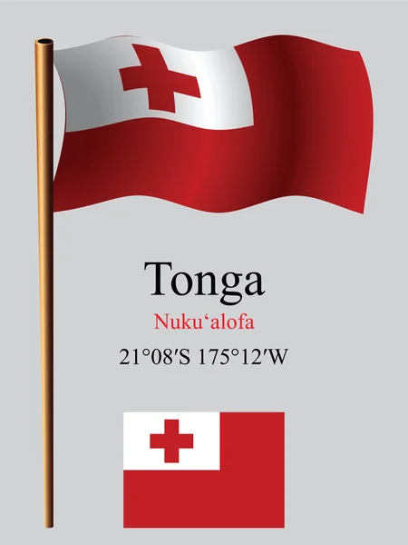 Tonga wavy flag and coordinates — Stock Vector