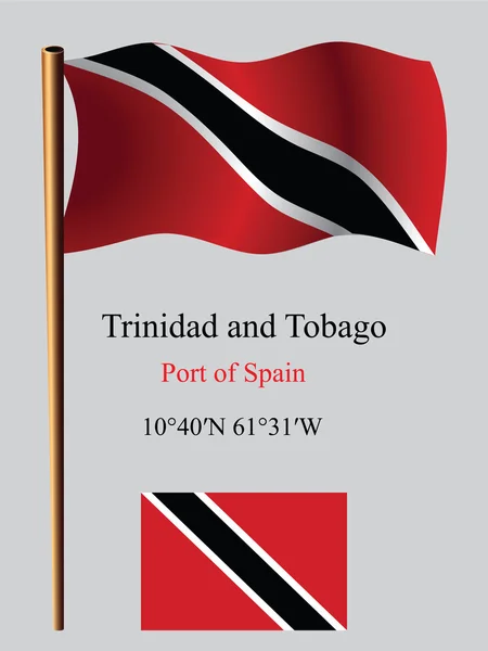 Trinidad y Tobago ondulada bandera y coordenadas — Vector de stock
