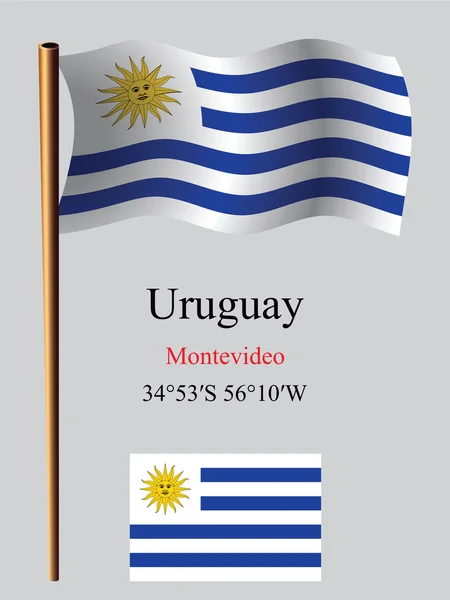 Uruguay golvende vlag en coördinaten — Stockvector