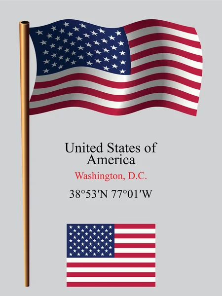 Estados unidos de América ondulada bandera y coordenadas — Vector de stock
