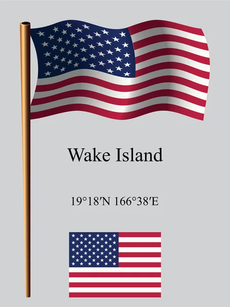 Wake-sziget hullámos zászló és koordináták — Stock Vector