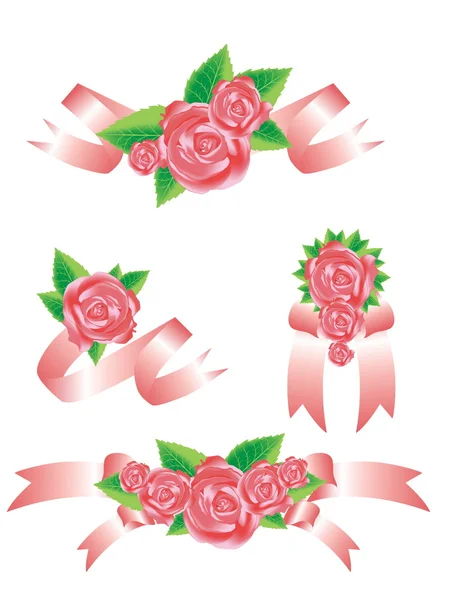 Collection of vector rose with ribbons — Stock Vector