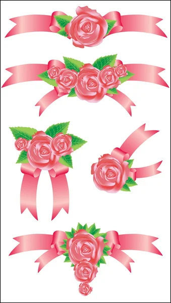 Collection of vector rose with ribbons — Stock Vector