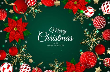 Mutlu Noeller ve mutlu yıllar. Gerçekçi kırmızı topları olan Xmas geçmişi. Yükselme düşüşü tasarım bileşimi.
