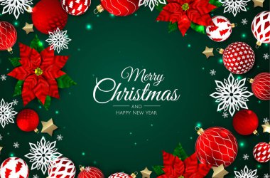 Mutlu Noeller ve mutlu yıllar. Gerçekçi kırmızı topları olan Xmas geçmişi. Yükselme düşüşü tasarım bileşimi.