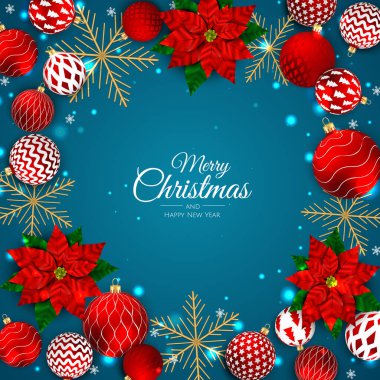 Mutlu Noeller ve mutlu yıllar. Gerçekçi kırmızı topları olan Xmas geçmişi. Yükselme düşüşü tasarım bileşimi.