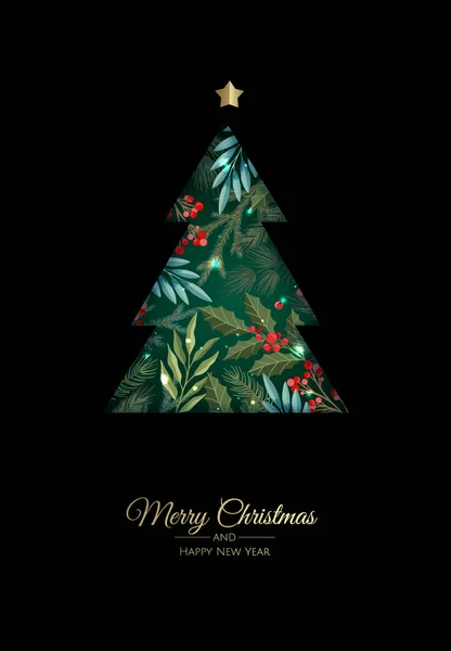 Feliz Natal cartão de saudação com árvore de anos novos. Ilustração do feriado vetorial. — Vetor de Stock