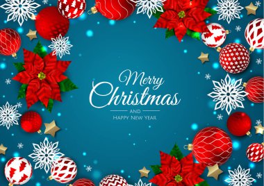 Mutlu Noeller ve mutlu yıllar. Gerçekçi 3D nesnelerle dolu Xmas Festivali arka planı, beyaz ve altın toplar.