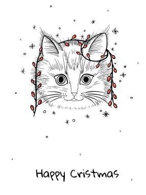 Kedi karakterli mutlu Noeller kartı..