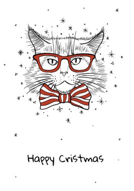 Kedi karakterli mutlu Noeller kartı..