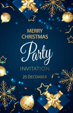 Balolu ve altın rengi kar taneli Noel partisi davetiyesi