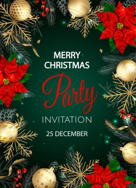 Balolu ve altın rengi kar taneli Noel partisi davetiyesi