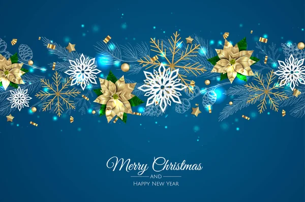 Feliz Natal e Feliz Ano Novo cartão de saudação. Natal férias fundo com abeto, flocos de neve, bolas. — Vetor de Stock