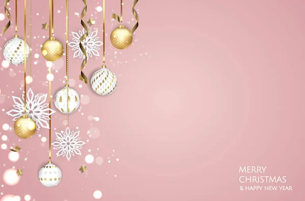 С Новым годом и Рождеством! Рождественский фон с елкой, снежинками, мячами. — стоковый вектор