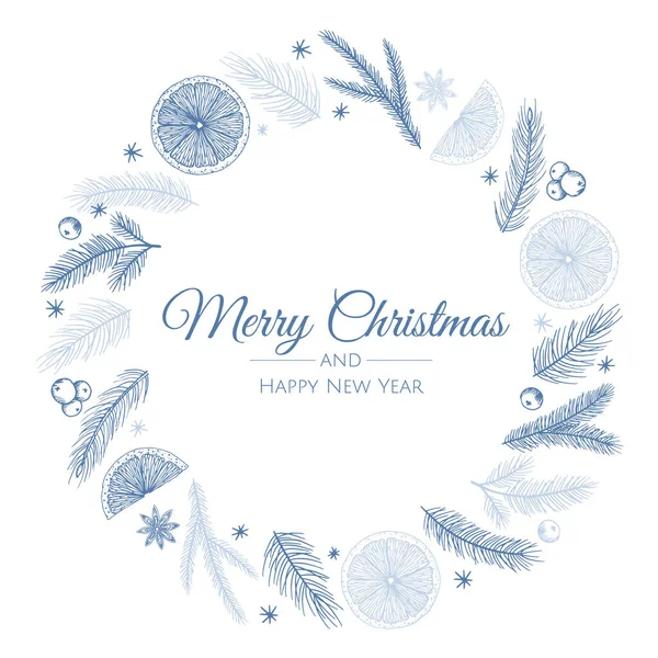 Καλά Χριστούγεννα και Πρωτοχρονιά κάρτα με στεφάνι πεύκου, γκι, Χειμερινά φυτά σχέδιο εικονογράφηση για χαιρετισμούς, πρόσκληση, φυλλάδιο, φυλλάδιο. — Διανυσματικό Αρχείο