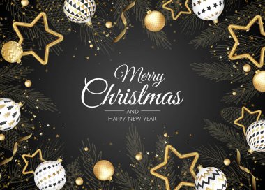Mutlu Noeller ve mutlu yıllar. Gerçekçi 3D nesneler, mavi ve altın toplara sahip Xmas Festivali arka planı.