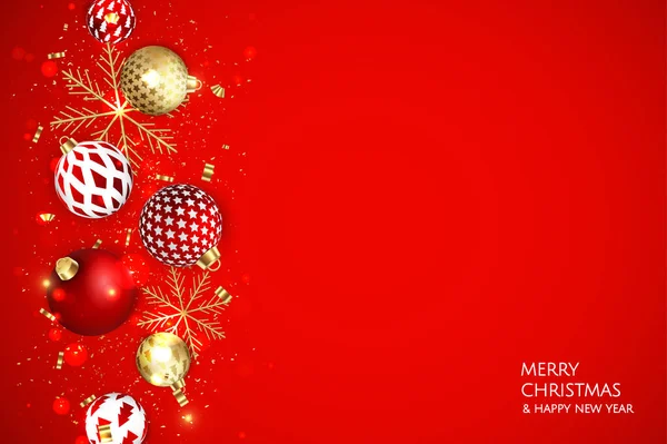 Feliz Natal e Feliz Ano Novo. Fundo de Natal com flocos de neve e bolas de design. —  Vetores de Stock