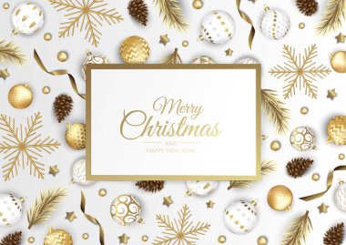 Mutlu Noeller ve mutlu yıllar tebrik kartı. Köknar ağacı, kar taneleri ve balolarla Noel tatili.