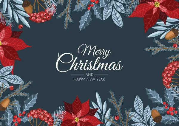 Cartões de felicitações de Natal com flores de Natal e objetos de inverno —  Vetores de Stock