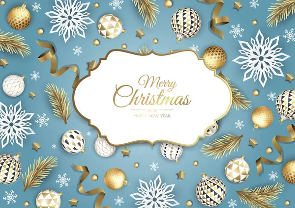 Merry Christmas and Happy New Year. Xmas Festive background with realistic 3d objects, blue and gold balls. — Stock Vector