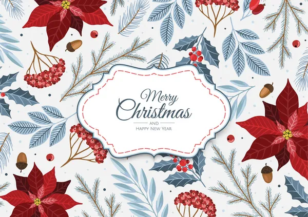 クリスマスの花や冬のオブジェクトとクリスマスグリーティングカード — ストックベクタ