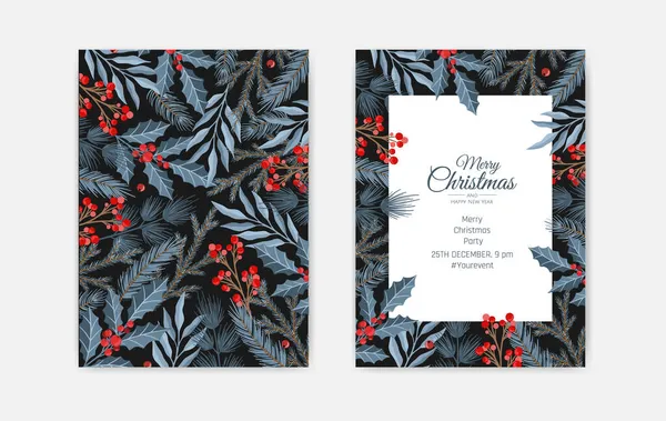 Set of Merry Christmas greeting cards, vertical banners, flyers, invitations. Happy New Year, Happy Holidays cards with christmas florals and winter objects — Stock Vector