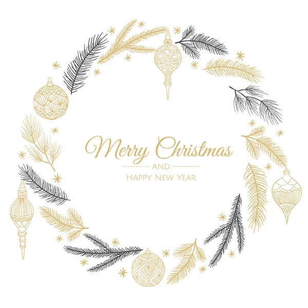 Merry Christmas and New Year Card with Pine Wreath, Mistletoe, Winter plants design illustration for gresting, invitation, flyer, brochure. — 스톡 벡터