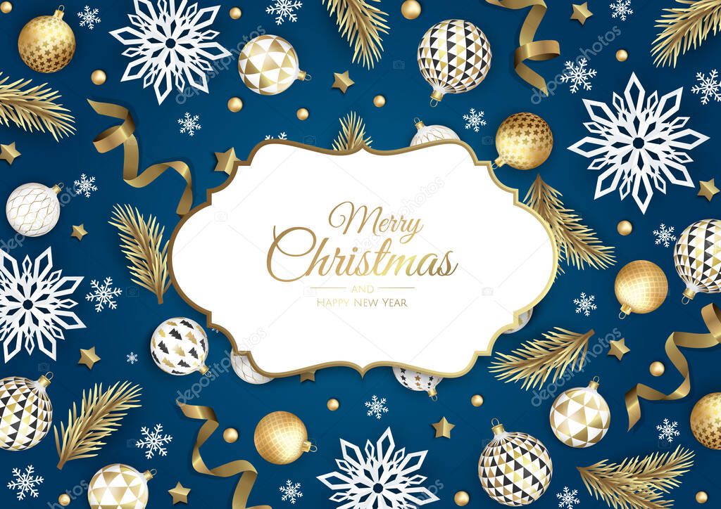 Merry Christmas and Happy New Year background. Christmas holiday card with fir tree, snowflakes, balls.