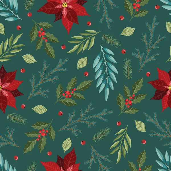 Motif sans couture avec décorations d'arbre de Noël, branches de pin, poinsettia, baies. — Image vectorielle