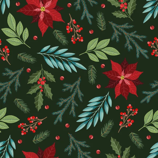 Motif sans couture avec décorations d'arbre de Noël, branches de pin, poinsettia, baies. — Image vectorielle