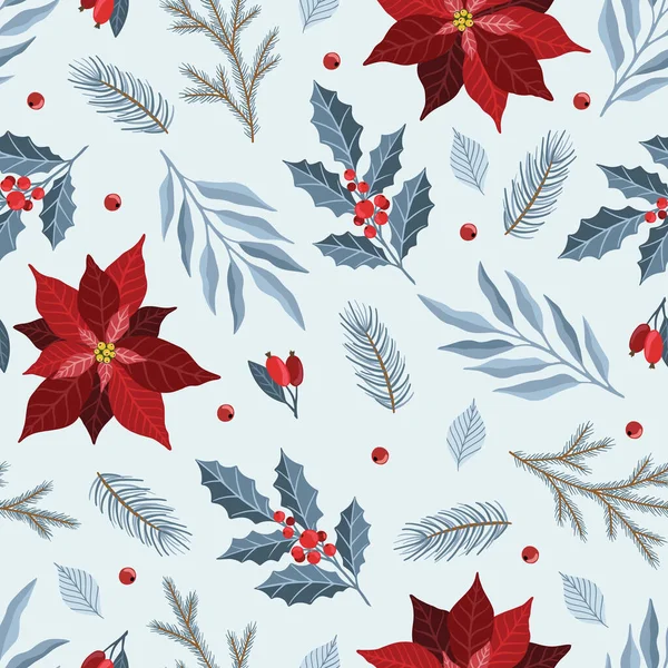 Motif sans couture avec décorations d'arbre de Noël, branches de pin, poinsettia, baies. — Image vectorielle