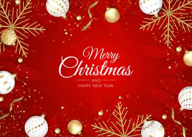 Mutlu Noeller ve mutlu yıllar. Kar taneleri ve top tasarımlı Xmas arkaplanı.