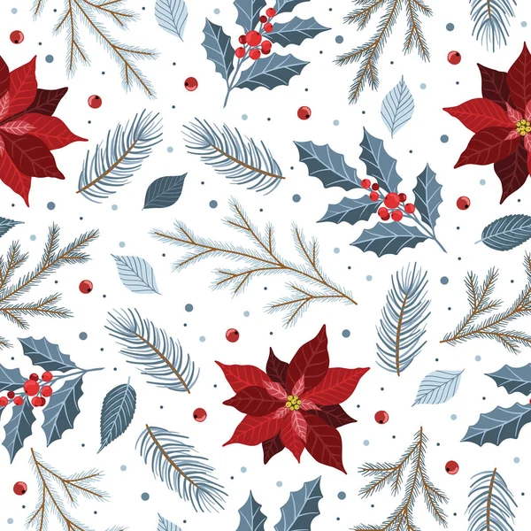 Motif sans couture avec décorations d'arbre de Noël, branches de pin, poinsettia, baies. — Image vectorielle