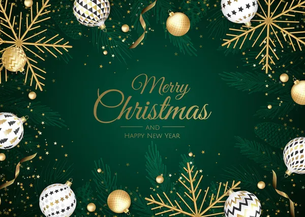 Frohe Weihnachten und ein gutes neues Jahr Hintergrund. Weihnachtskarte mit Tanne, Schneeflocken, Kugeln — Stockvektor