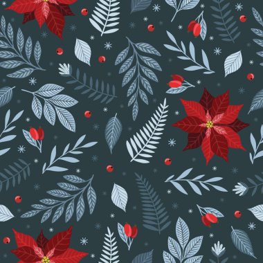 Kusursuz bir Noel deseni. Çam dalları, kırmızı böğürtlen, kar taneleri. Dijital kağıtları selamlama sezonu. Kış Xmas tatili