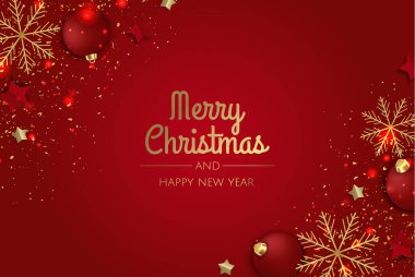 Mutlu Noeller ve mutlu yıllar. Gerçekçi 3D nesnelerle dolu Xmas Festivali arka planı, beyaz ve altın toplar.