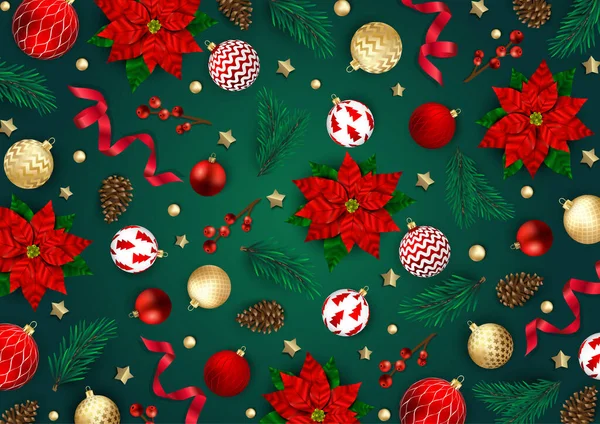 Feliz Navidad y Feliz Año Nuevo. Navidad Fondo festivo con objetos 3D realistas, bolas azules y doradas. — Vector de stock