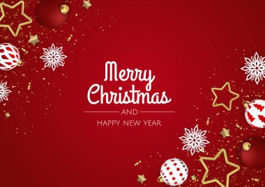Mutlu Noeller ve mutlu yıllar. Gerçekçi 3D nesnelerle dolu Xmas Festivali arka planı, beyaz ve altın toplar.