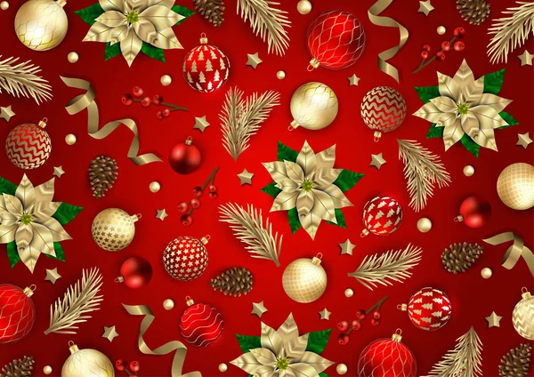 Joyeux Noël et bonne année. Fond de Noël avec des flocons de neige et des boules design. — Image vectorielle
